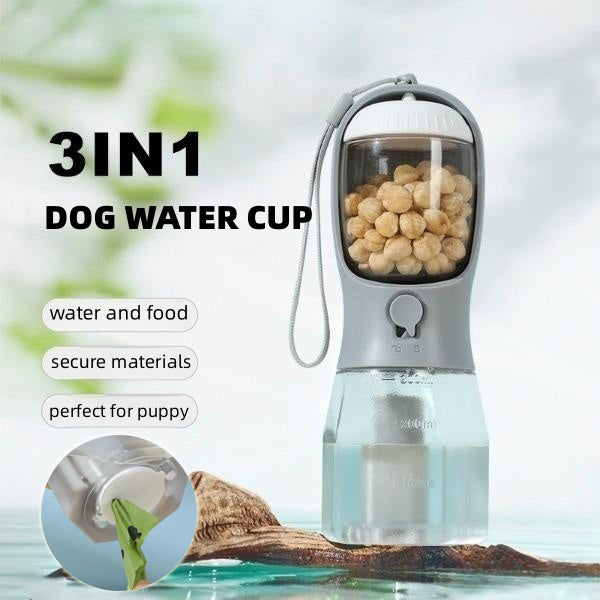 3-in-1 Portable Dog Water Bottle with Food & Waste Bag Dispenser — Leak-Proof Travel Pet Water Cup