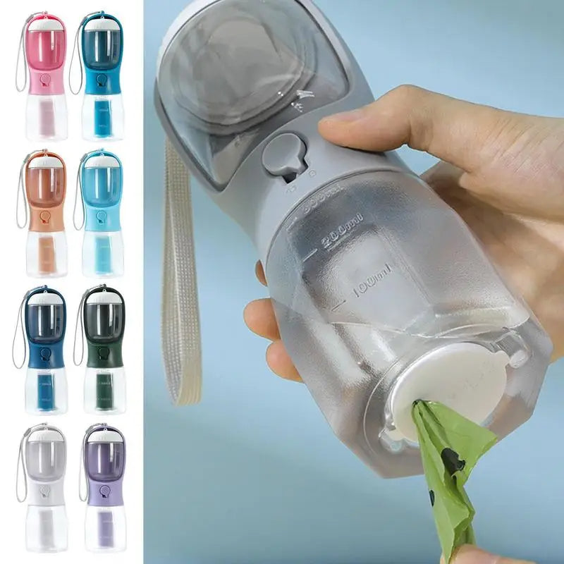 3-in-1 Portable Dog Water Bottle with Food & Waste Bag Dispenser — Leak-Proof Travel Pet Water Cup