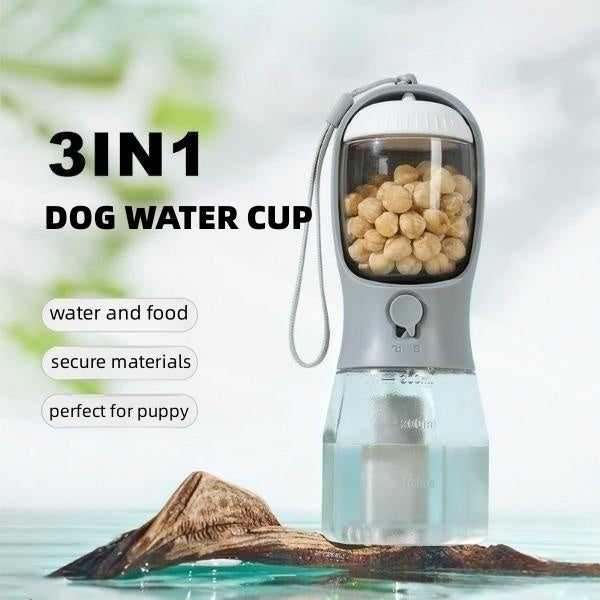 3-in-1 Portable Dog Water Bottle with Food & Waste Bag Dispenser — Leak-Proof Travel Pet Water Cup